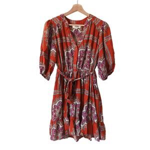 Porridge Anthropologie Isabel Paisley Puff Sleeve Dress Womens XS Rust Orange